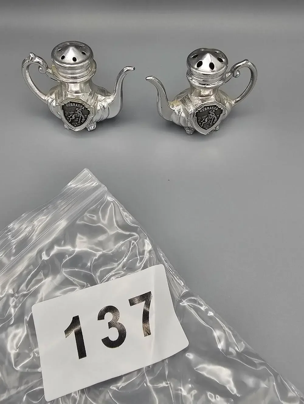 Vintage Nebraska Teapot Salt and Pepper Shakers Pair Silver Tone Souvenir